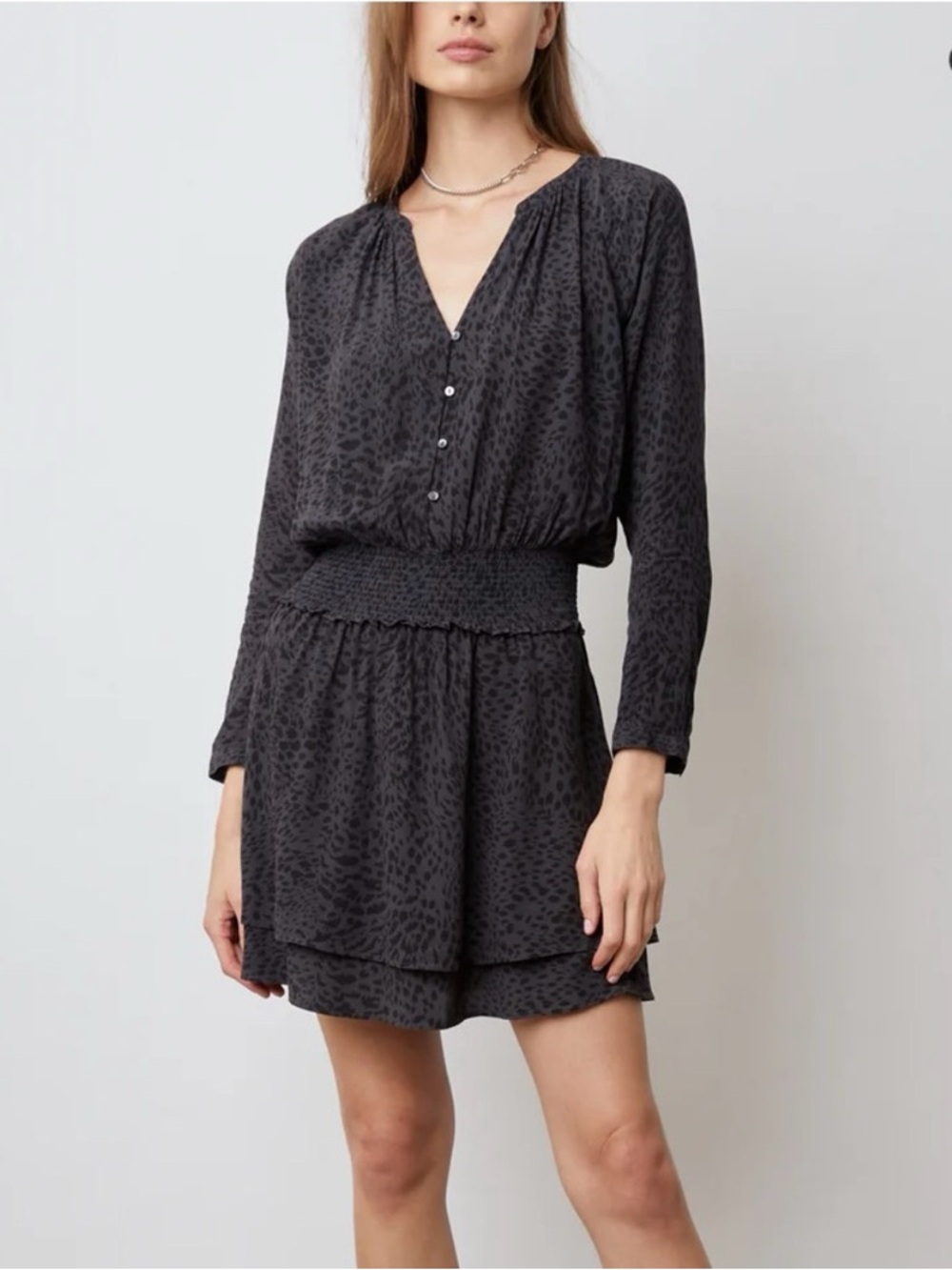 Rails. Jasmine Smocked Tiered Mini Dress. Ash Cheetah Print. Size Small.